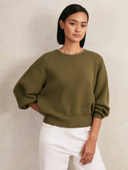 Women Wool-Blend Necklace-Trim Jumper with Cashmere in Sage Green