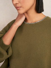 Women Wool-Blend Necklace-Trim Jumper with Cashmere in Sage Green