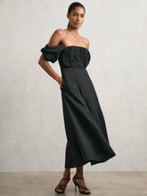 Women Bardot Sculpted Bodice Midi Dress With Linen in Black