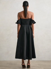 Women Bardot Sculpted Bodice Midi Dress With Linen in Black