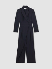 Women Pinstripe Tailored Wide-Leg Jumpsuit with Wool in Navy
