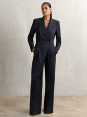 Women Pinstripe Tailored Wide-Leg Jumpsuit with Wool in Navy