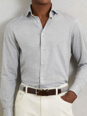 Men Webbing Belt With Leather Trim in Soft Grey