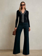 Women Craft-Stitch Rib-Knit Top in Navy/White