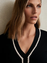 Women Craft-Stitch Rib-Knit Top in Navy/White