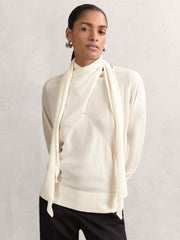 Women Wool Scarf-Tie Draped Jumper in Cream