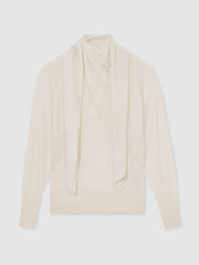Women Wool Scarf-Tie Draped Jumper in Cream