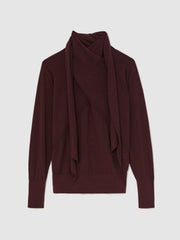 Women Wool Scarf-Tie Draped Jumper in Burgundy