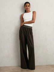 Women Petite Wide-Leg Contrast-Waistband Trousers in Chocolate Brown