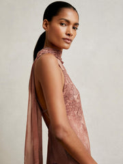 Women Chiffon Floral Cape Maxi Dress in Pale Pink