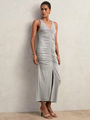 Women Stretch-Modal Ruched Jersey Dress in Grey