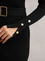 Women Buttoned Rib-Knit Midi Dress in Black