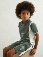 Children & Baby 3-9 yrs Chenille Tipped Motor Cars Shorts in Dark Sage Green/White