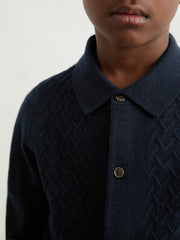 Children & Baby 9-13 yrs Wool V-Stitch Button-Through Cardigan in Navy Blue