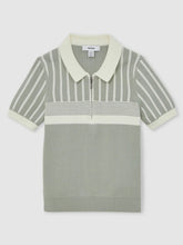 Children & Baby 13-14 yrs Cotton Stripe Knit Half-Zip Polo Shirt in Sage Green/Off White