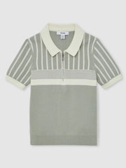 Children & Baby 13-14 yrs Cotton Stripe Knit Half-Zip Polo Shirt in Sage Green/Off White