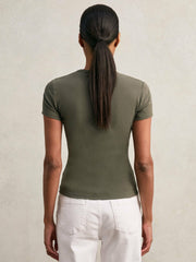 Women Stretch Cotton V-Neck T-Shirt in Khaki Green