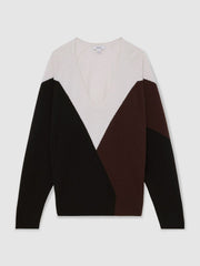 Women Wool-Blend Colourblock Knit Jumper with Cashmere in Black/Burgundy/Cream