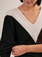 Women Wool-Blend Colourblock Knit Jumper with Cashmere in Black/Burgundy/Cream