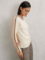 Women Wool-Blend Colour-Block Jumper With Cashmere in Cream/Neutral