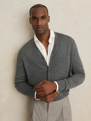 Men Merino Wool Button-Through Cardigan in Derby Grey Melange