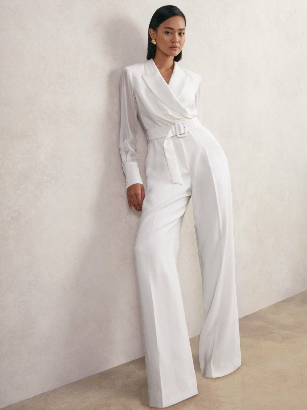 Women Sheer-Sleeve Wide-Leg Tuxedo Jumpsuit in Ivory