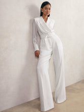 Women Sheer-Sleeve Wide-Leg Tuxedo Jumpsuit in Ivory