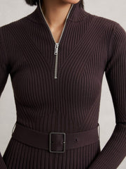 Women Rib-Knit Belted Half-Zip Flippy Dress in Plum Purple