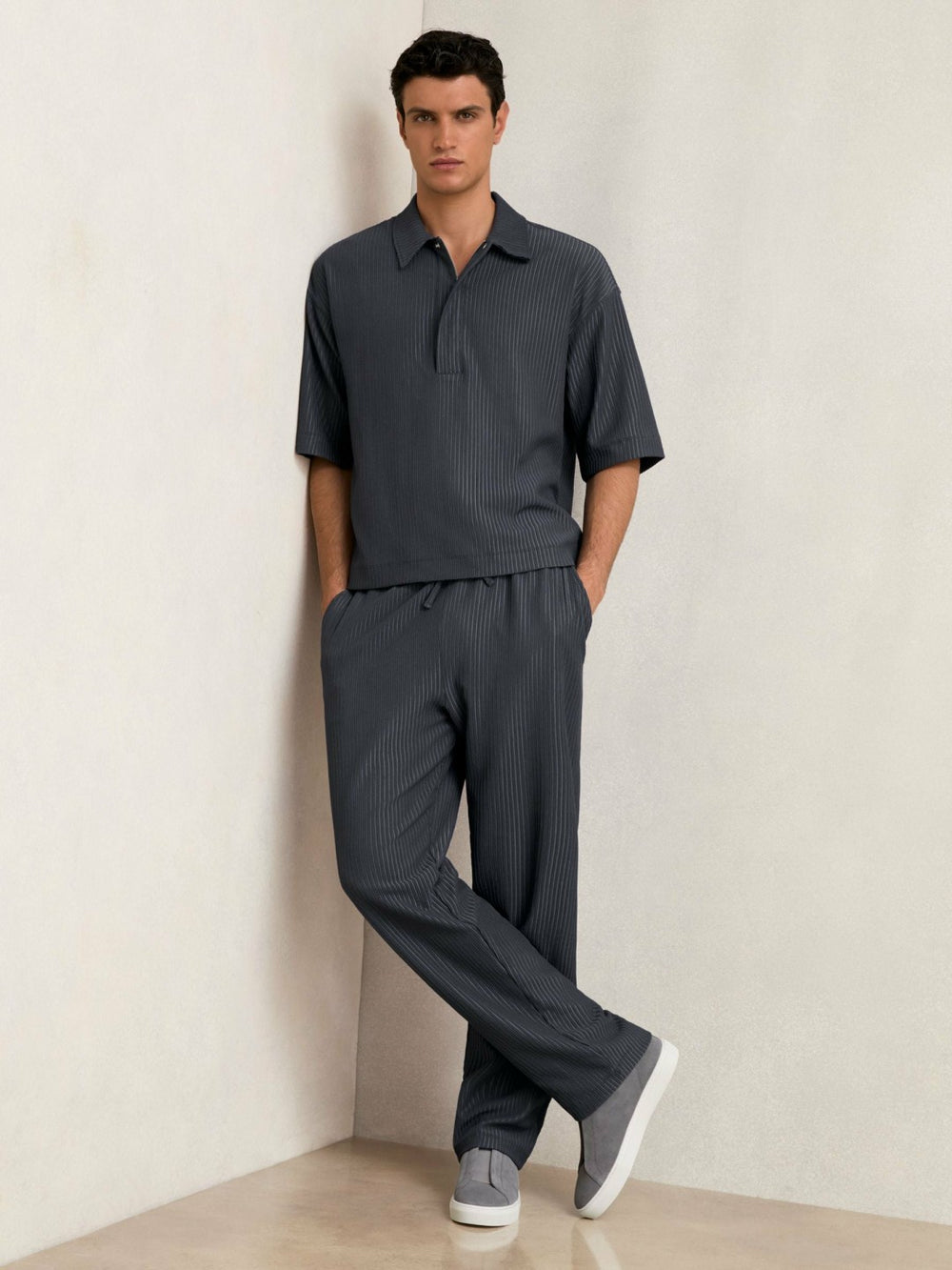 Men Textured Stripe Drawstring Trousers in Petrol Blue