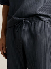 Men Textured Stripe Drawstring Trousers in Petrol Blue