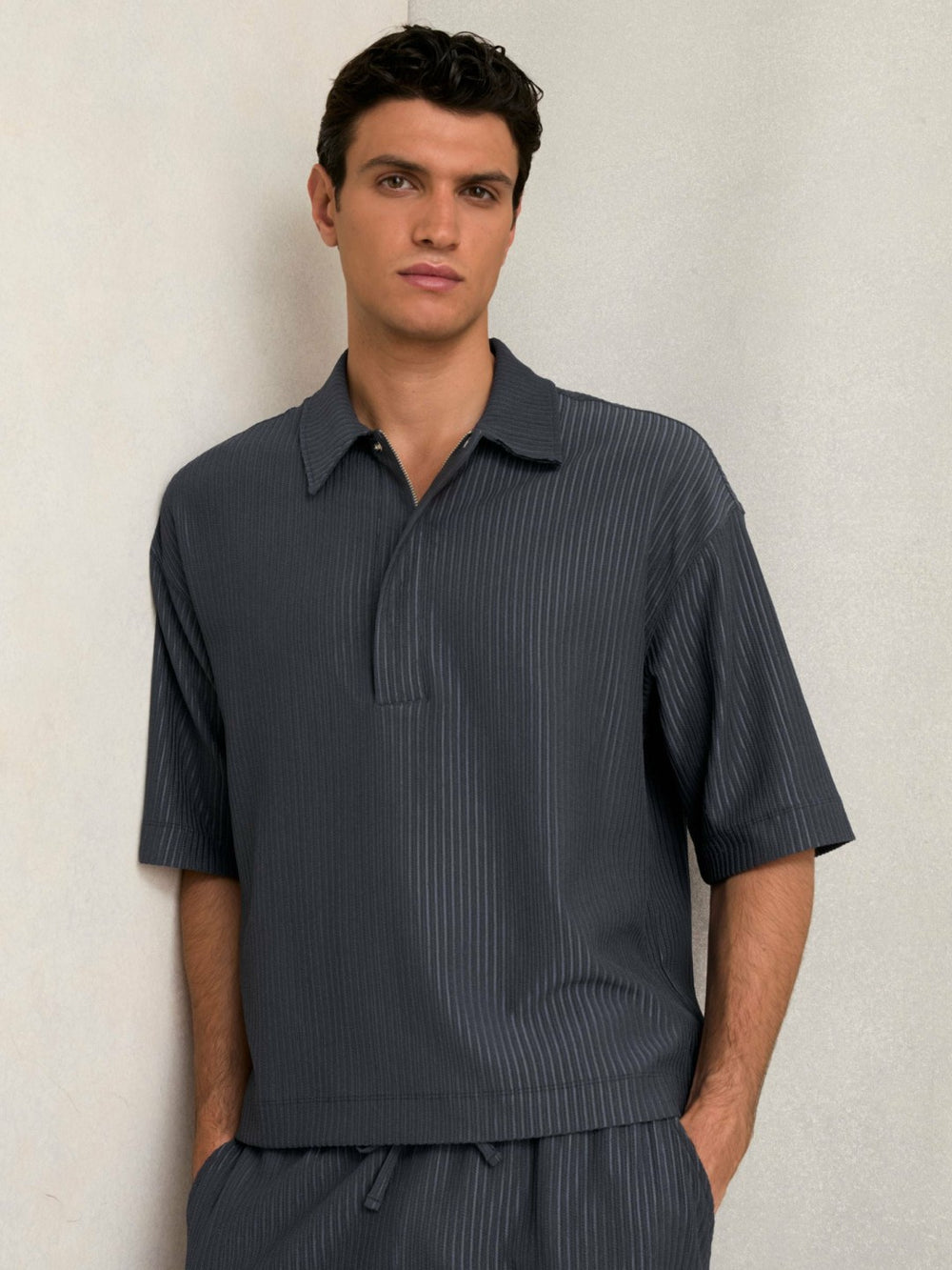 Men Oversized Textured Stripe Polo Shirt in Petrol Blue