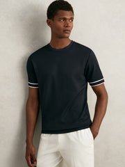 Men Textured Crew-Neck Tipped T-Shirt in Navy Blue