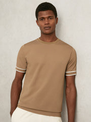 Men Textured Crew-Neck Tipped T-Shirt in Camel Brown