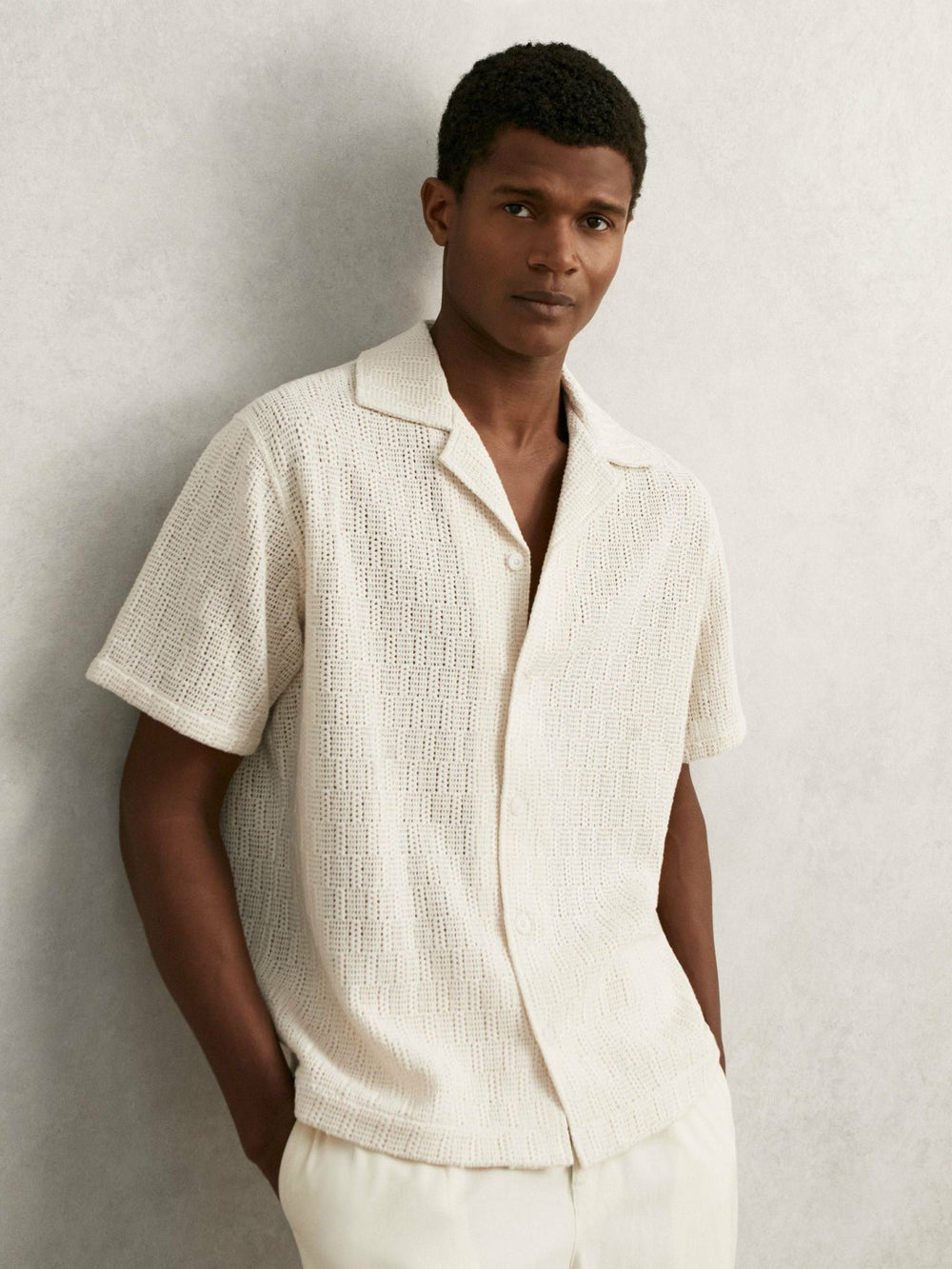 Men Cotton-Blend Crochet Shirt in Off White
