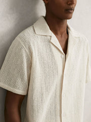 Men Cotton-Blend Crochet Shirt in Off White