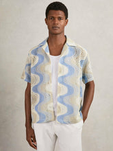 Men Wave Crochet Cuban Collar Shirt in Blue Multi