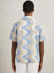 Men Wave Crochet Cuban Collar Shirt in Blue Multi
