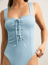 Women Ribbed Lace-Up Swimsuit in Blue