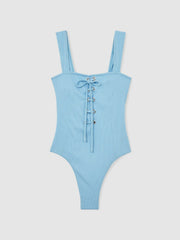 Women Ribbed Lace-Up Swimsuit in Blue