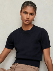 Women Cotton And Wool Crew-Neck Top in Navy