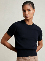 Women Cotton And Wool Crew-Neck Top in Navy