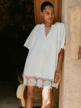 Women Linen Embroidered Shift Dress in Ivory
