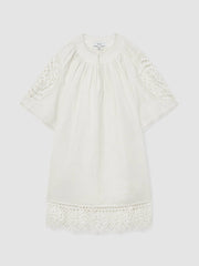 Women Linen Embroidered Shift Dress in Ivory