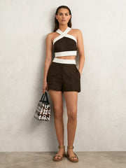Women Linen Halterneck Cropped Top in Chocolate/Cream