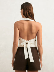 Women Linen Halterneck Cropped Top in Chocolate/Cream