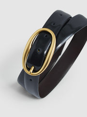 Women Patent Leather Oval Buckle Belt in Navy
