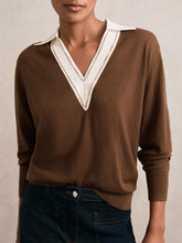 Women Wool Collared Cricket Jumper in Chocolate Brown/Ivory