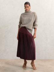 Women Pleated Midi Skirt in Burgundy