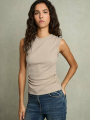 Women Ribbed Ruched Waist Vest in Camel