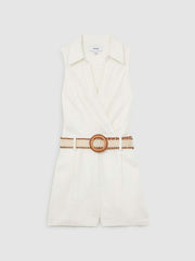 Women Linen Belted Sleeveless Wrap Playsuit in Cream